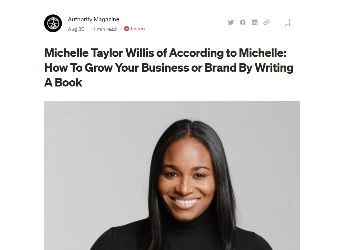 You are currently viewing {Client Feature} Michelle Taylor Willis of According to Michelle: How To Grow Your Business or Brand By Writing A Book