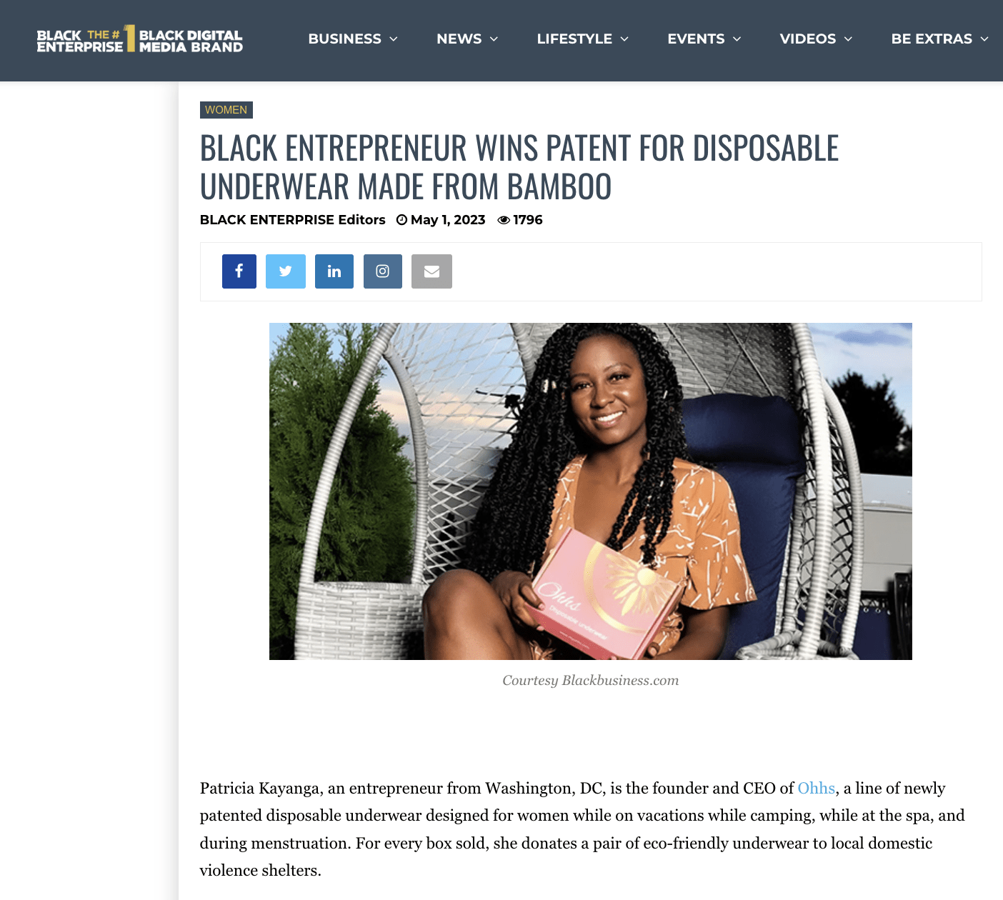 Read more about the article Black Enterprise Shares Ohhs Story: Black Entrepreneur Wins Patent For Disposable Underwear Made From Bamboo